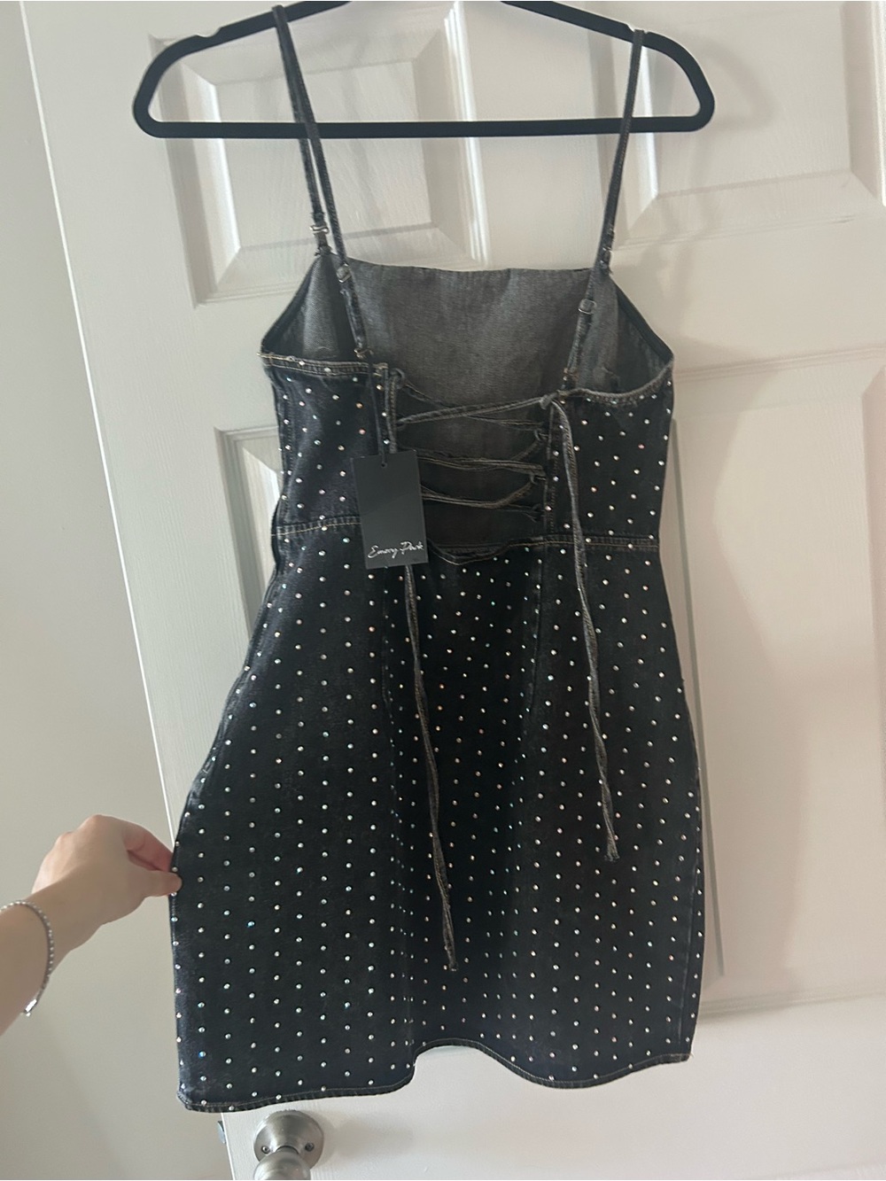 NWT Black Jean with Rhinestone Lace-Up Back Denim convertible Mini Dress